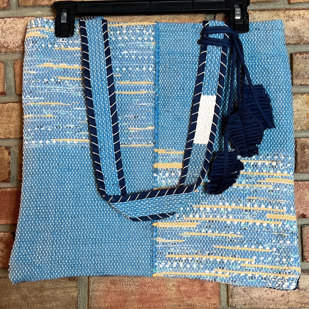 NWT Spun by Welspun Threads with a Soul Blue & Tan Square Tote Bag with Tassels